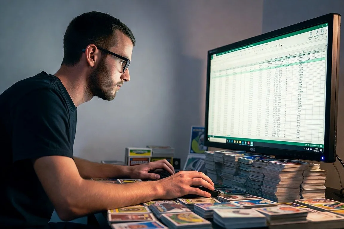A collector at his desk comparing a spreadsheet on screen with stacks of trading cards